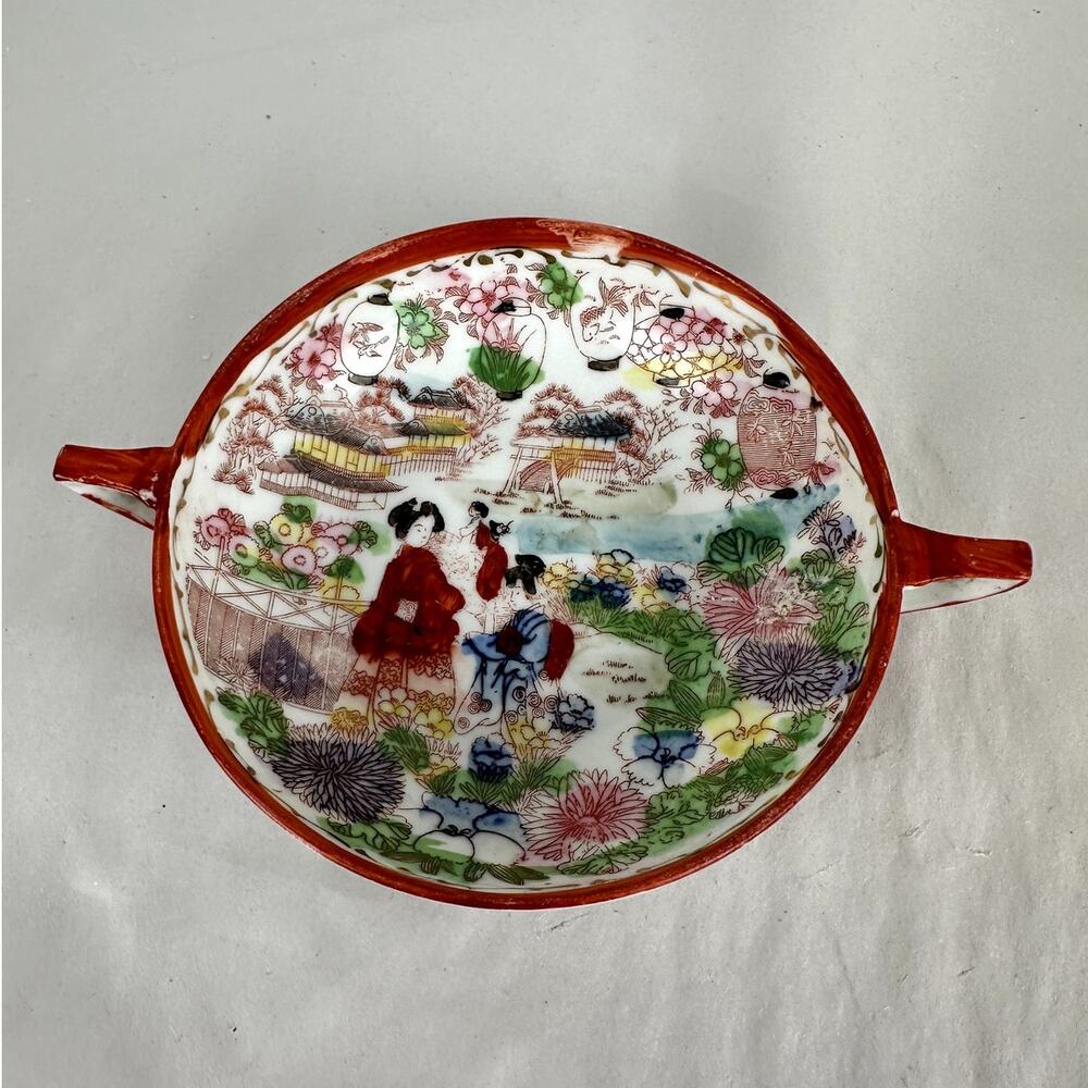 Japanese China Bowl with Handles Geisha Floral Structures Red-Orange Trim